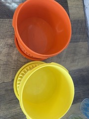 7 Anchor Hocking Rainbow Diamond Band Glasses + Tupperware Canister & Spoons