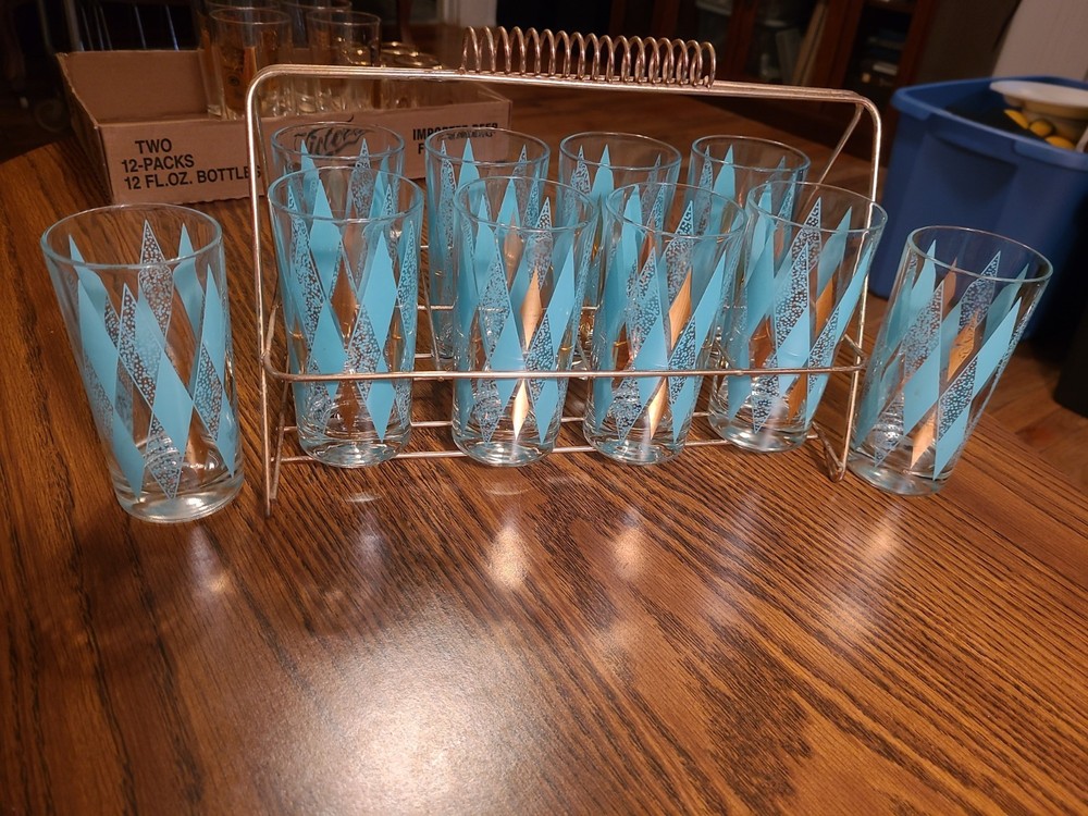 Vintage Hazel Atlas Teal Diamond Harlequin Glasses Set of 8 Caddy Plus 2 Spares