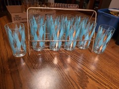 Vintage Hazel Atlas Teal Diamond Harlequin Glasses Set of 8 Caddy Plus 2 Spares