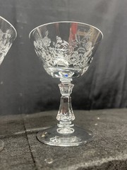 2 Stunning Vintage MCM Fostoria Chintz? Clear Stemmed Wine Glasses Floral Chip