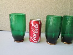 Set 8 Forest Green Swirl Ribbed GOLD feet 5.75″ tall Glasses Tumblers Vintage