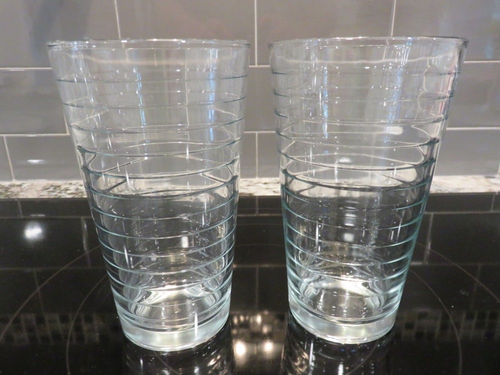2 Libbey Glass HOOPS 16 oz Iced Tea Cooler Tumblers Ribbed Rings Clear EUC