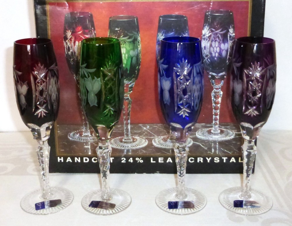 4 Ajka Crystal MARSALA Cut to Clear Champagne Flutes Mimosa Glasses label NIB 9″