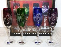 4 Ajka Crystal MARSALA Cut to Clear Champagne Flutes Mimosa Glasses label NIB 9″