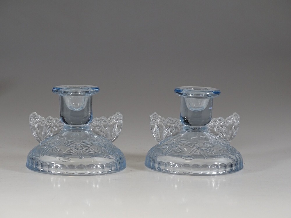 Vintage Pair of Deco Blue Glass Butterfly & Flowers Candlesticks c.1930