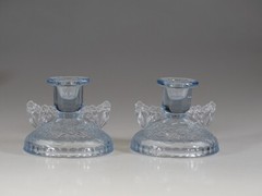 Vintage Pair of Deco Blue Glass Butterfly & Flowers Candlesticks c.1930