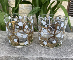 Vtg Pair Georges Briard MCM Tennis Rocks Tumblers Glasses Whiskey Balls Rackets