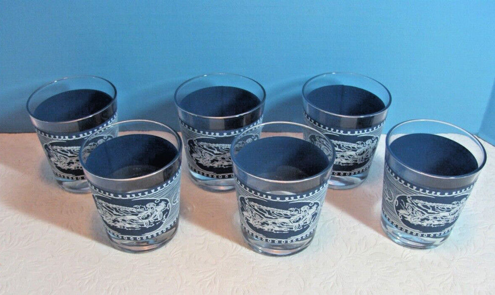 Vintage Currier & Ives Jeannette Royal 6 oz Old Fashion Lowball Glass Set of 6