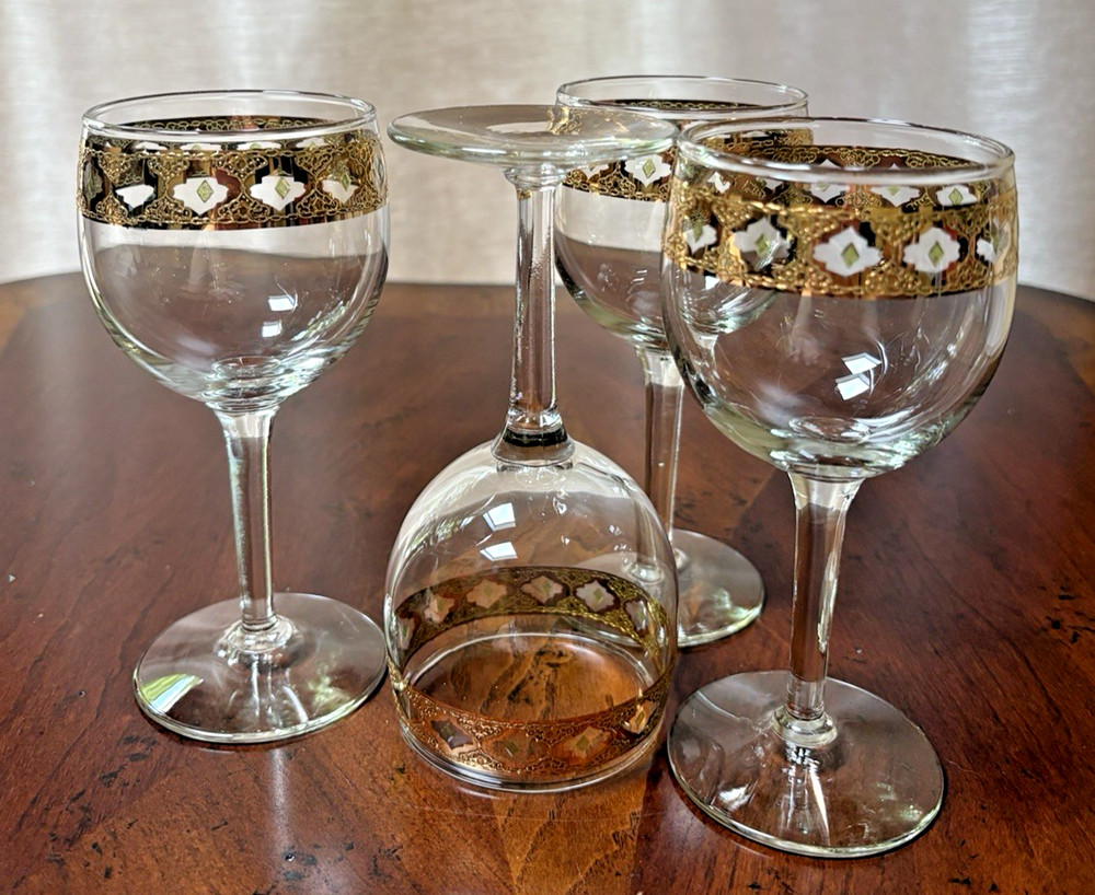 Vintage MCM Barware Culver Valencia 22K Gold Band 5.75 in Wine Glass Set of 4