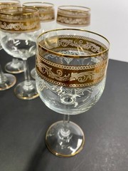 Set Of 6 Vtg Stolzle Crystal Wine Goblet Gold Trim Band White Scroll Stemware