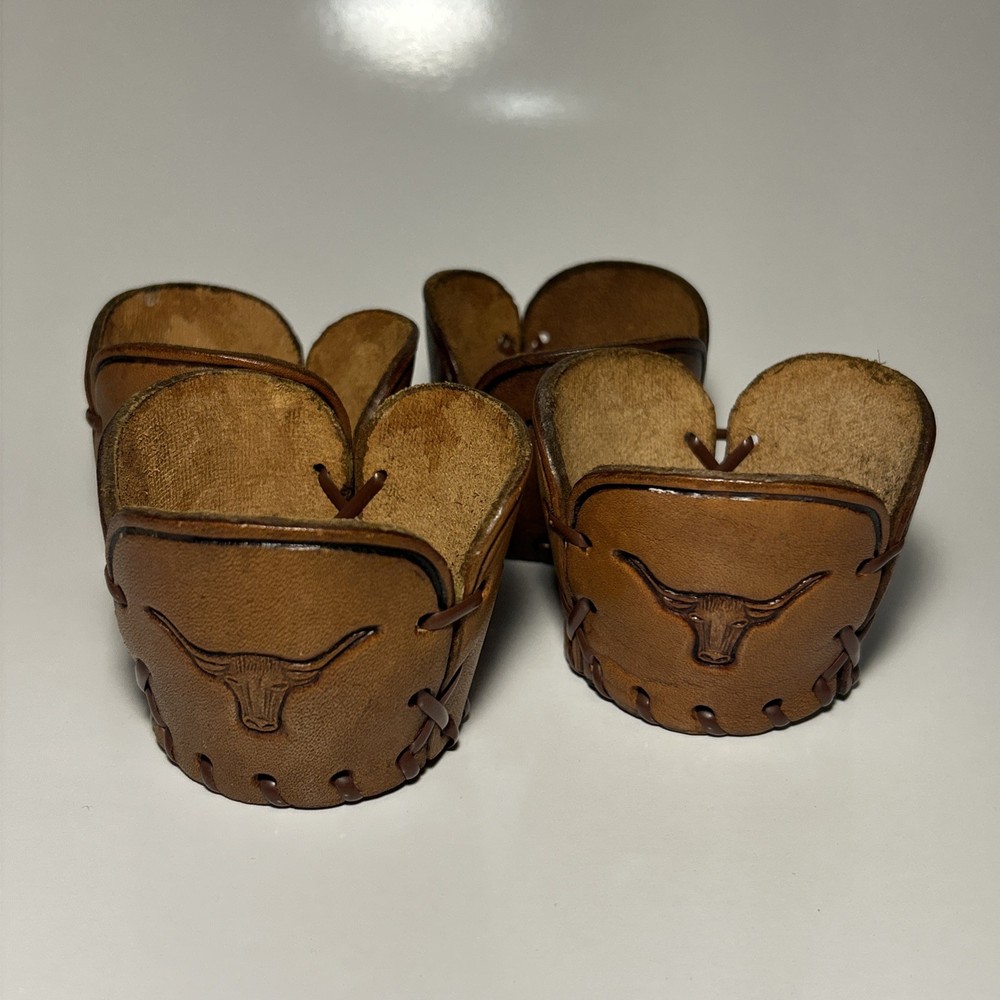 Vintage Leather Glass Holder Sleeve Set Libey Bamco Western Longhorn Hand-Tooled