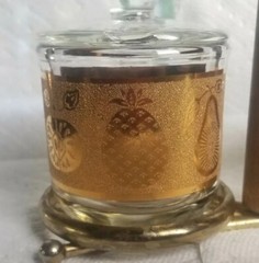 Vintage Culver Ltd 22k Gold Glass Condiment Set With Lids and Caddy