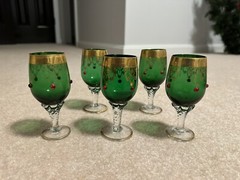 5 Vintage Emerald Green Bohemian Jeweled Wine Sherry Cordial Glasses