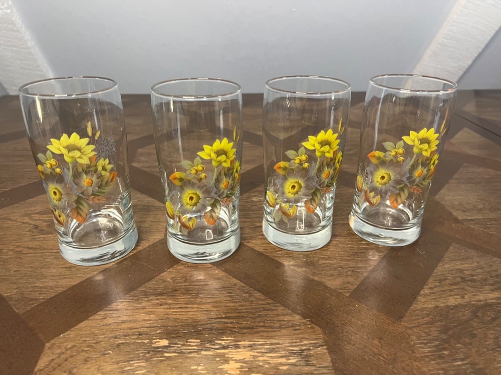 4 Vintage Libbey Tumbler Glasses w/ earth tone & Sunflowers Super Rare pattern