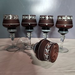 RARE Stryi Glass Factory USSR Amethyst Hand Painted Wine Glasses Set 5 1970