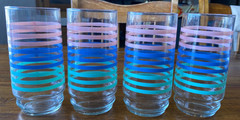 Vintage Pastel Pink Blue Green Stripe Drinking Glasses Set of 8 MCM