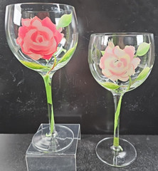 2 Block Vintage Rose Balloon Wine Glasses Mix Set Floral Hand Painted Flower Lot