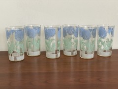 Set Of 6 Juice Glasses Blue Green Butterfly And Clover Flower Vintage 4 3/4” EUC