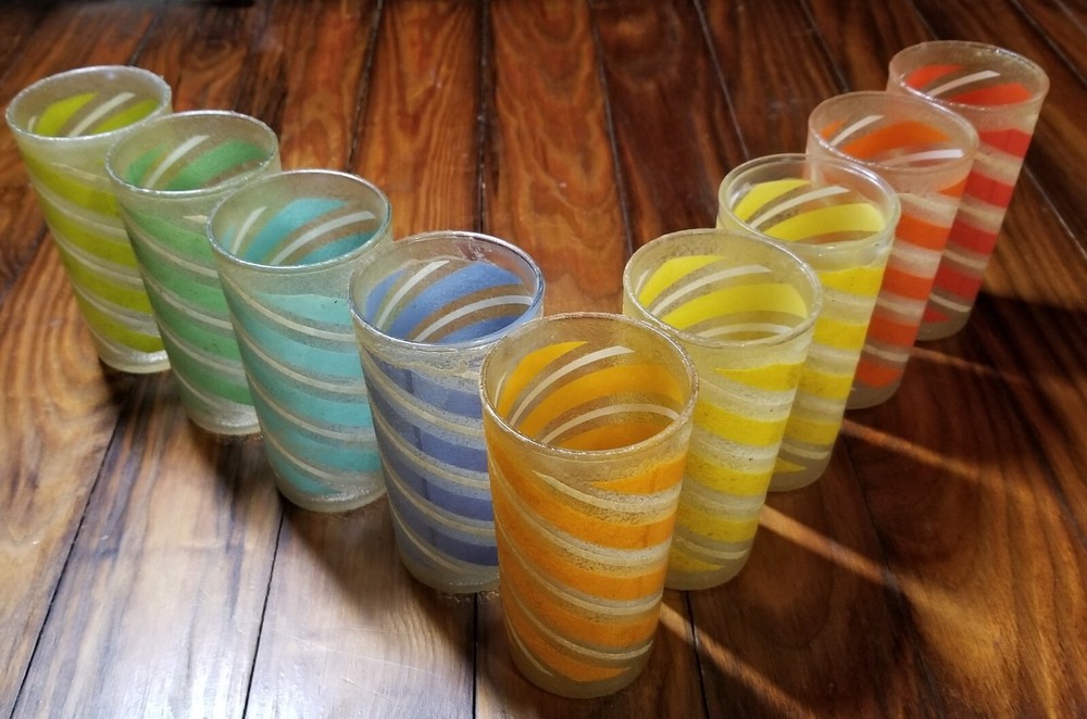 Vtg Candy Stripe Frosted Texture Multicolor Tumbler Glasses MCM Set 9 RAM