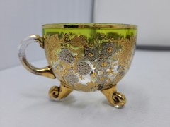 6 ANTIQUE MOSER GLASS 3 FOOTED HANDLED PUNCH CUPS WITH GILT FLORAL AND BERRIES