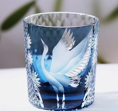 Japanese Style Edo Kiriko Glass Whisky Glass Tumbler Hand Cut To Ink Blue 8oz