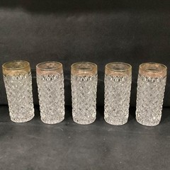 Mid-Century Diamond Point Criss-Cross Juice Glasses, Set of 5 Gold-Trim Tumblers