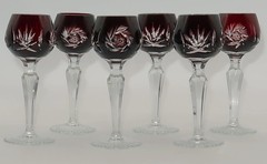 Bohemian Czech Cut to Clear Fan Pinwheel Deep Red Cordial Glass 5 1/4″ LOT OF 6