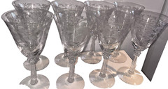 2 Vintage Floral Etched 9-Ounce Crystal 7 1/4″ Tall Water Goblet