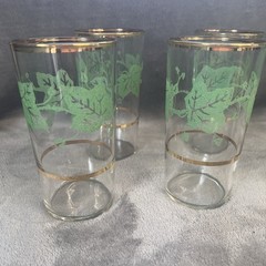 VTG Set Of 7 Hazel Atlas Green Ivy Gold Detail Grapevine Drinking Glass Tumblers
