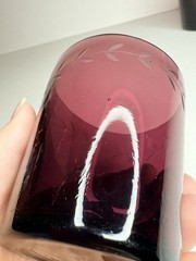 Vintage MCM Amethyst Glass Tumblers Hand Etched Botanical Leaf Pattern Set