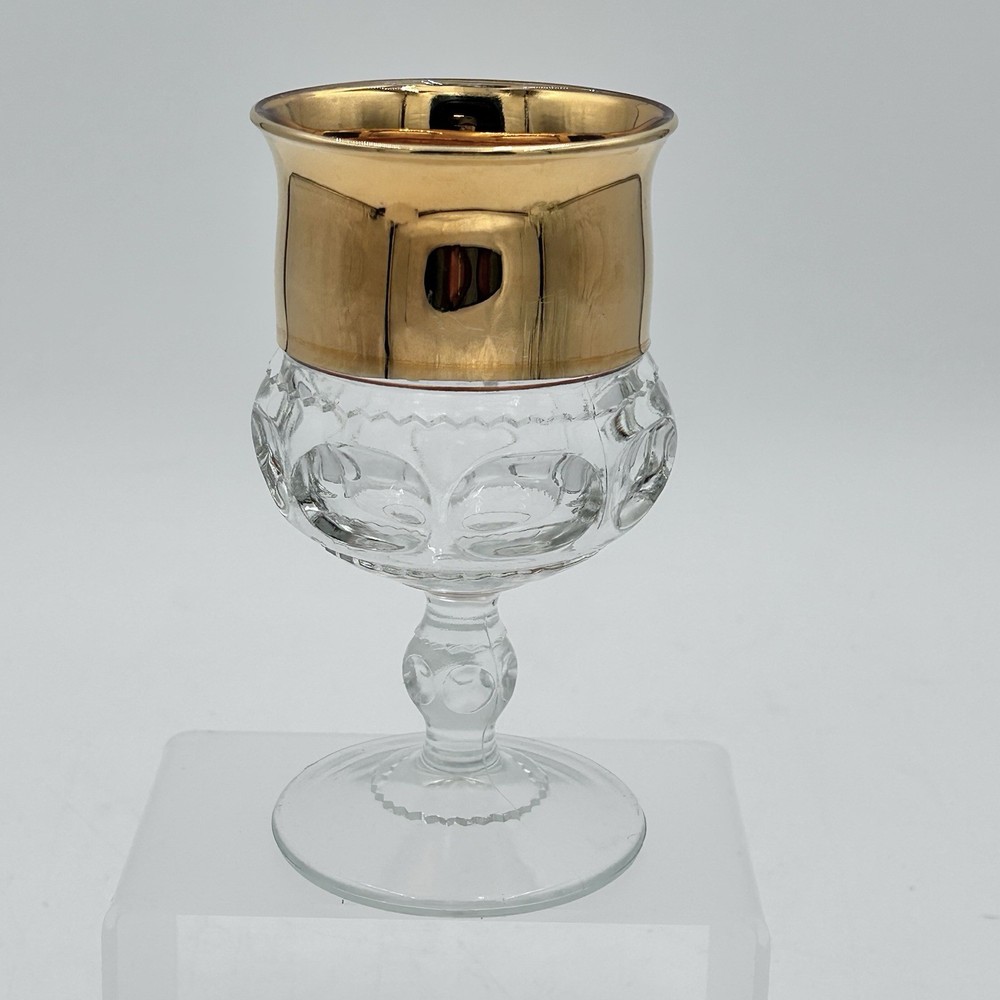 Indiana Glass Kings Crown Gold Rimmed Flashing Thumbprint Goblet 5 3/4″ Tall