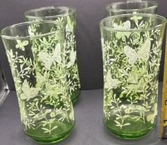 VTG MCM Very HTF Libby Libbey Glasses Grass Green w/White Butterflies Set of 4