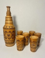 Handcrafted Ukrainian Wood Decanter Set Burned Design (pyrography) With 6 Cups