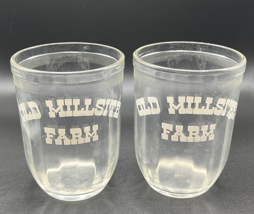 Vintage Old Millsite Farm Clear Glass Juice Tumblers Set of 2 Advertising