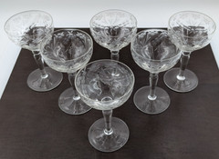 Set of 6 Vintage Champagne Coupe Etched Floral Toasting Glasses Petite