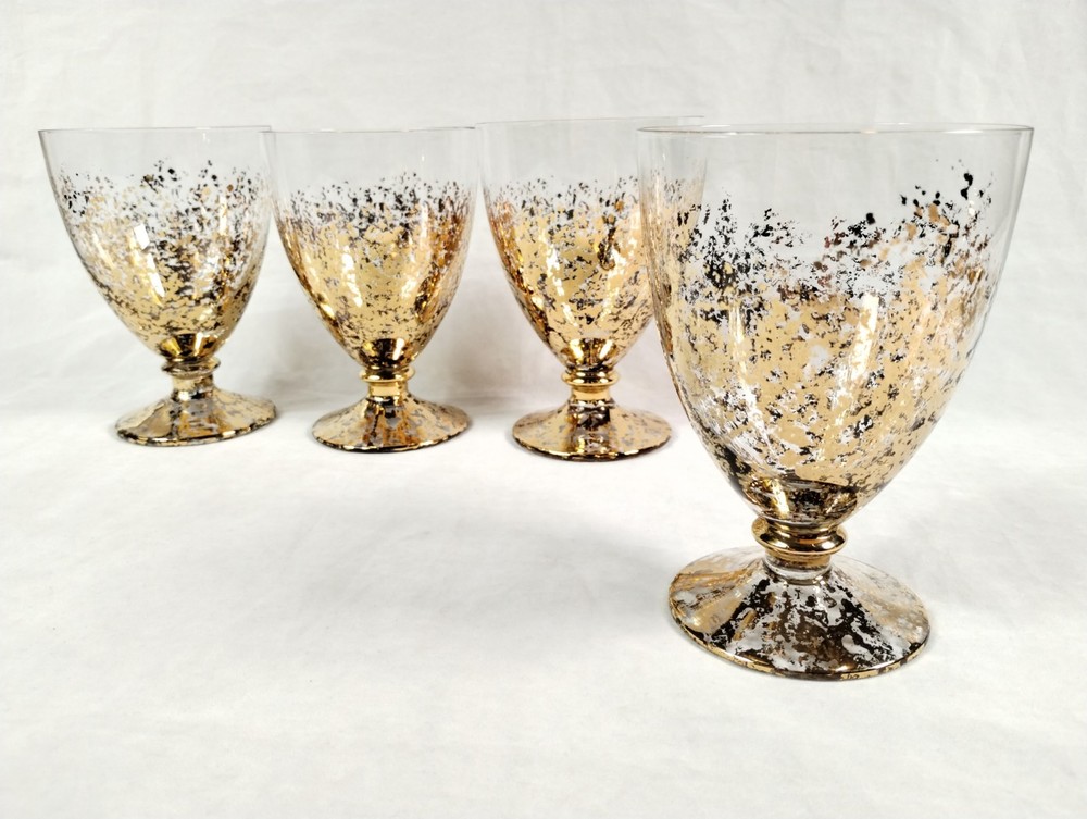 Cristallerie Italian Gold Fleck Sponge Pattern 16 oz Water Goblets Set of 4