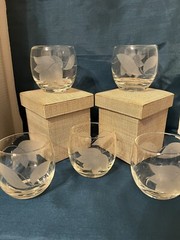 Vintage Clear Glass W White Frosted Leaf Roly Poly Cocktail Glasses Set Of 5
