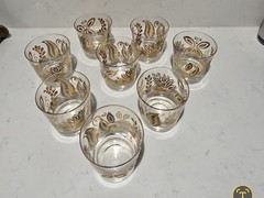 Mid-Century Modern lowball glasses With a gold and Brown Butterfly Leaf Pattern