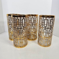 Shoji Gold Imperial Glass 22K Trellis Highball Glasses 5.75″ Tall Lot of 4 Bar