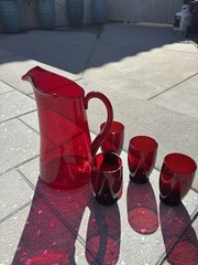 Swedish MCM ruby glass pitcher & 7tumblers,by Monica Bratt for Reijmyre Glasbruk
