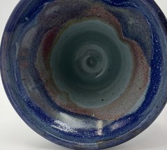 Vintage Blue Drip Glaze Wooden Stem Abstract Retro Art Pottery Goblet 8”