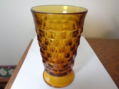 Vintage Indiana Glass Whitehall Cubist Amber Footed Ice Tea Tumbler 6″ 12oz