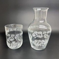 Vtg Crystal Clear Glass Tumble Up Bedside Carafe & Glass Turkey 8”