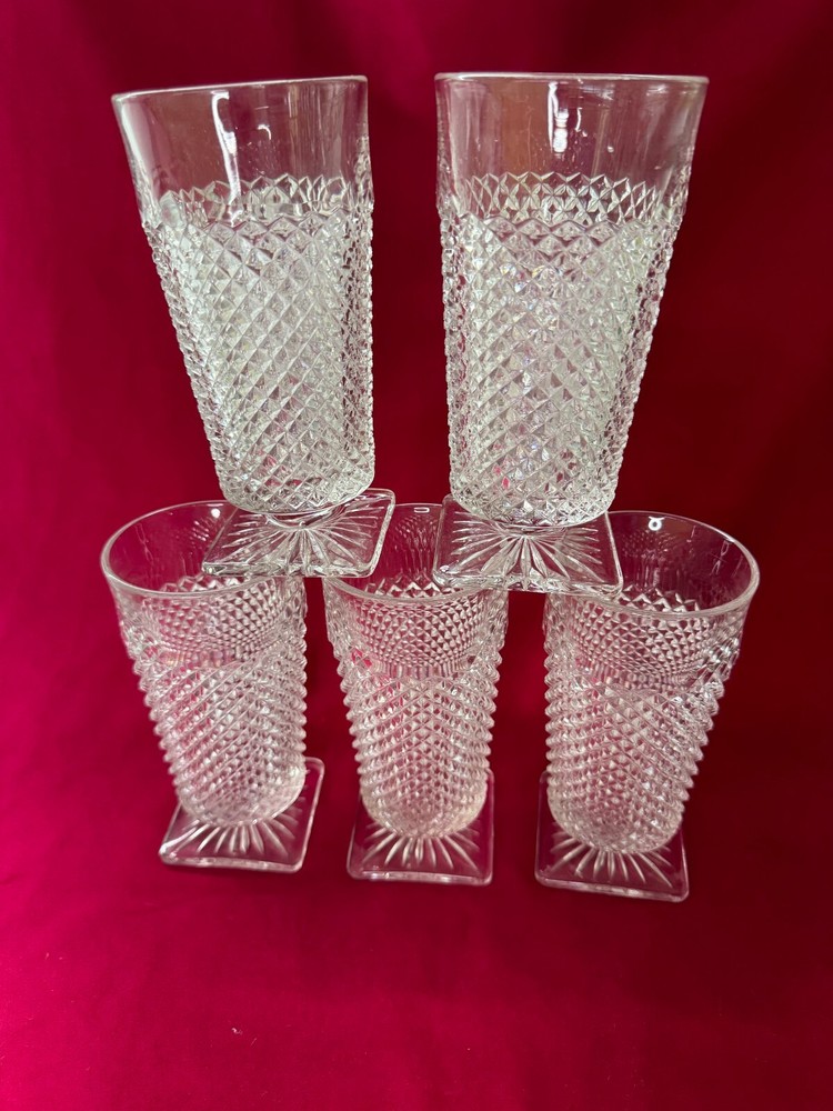 Vintage Westmoreland English Hobnail Clear Iced Tea Square Base Glasses Set of 5