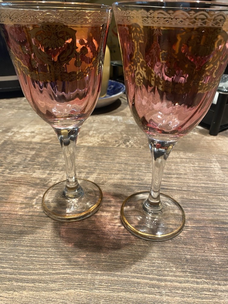 Pair Italian Hand blown Cranberry Color Wine Glasses 22k Gold Gilded Wedding Vtg