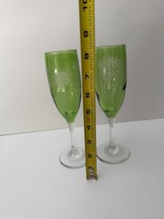 Green Champagne Flutes with Clear Stem Etched Asian Etchings Glasses Set Of 2