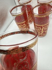 Set Of 5 Vintage Signed Culver Highball Glasses Red 22k Gold Swirl 12 Oz MCM