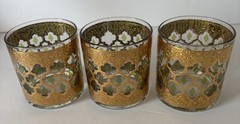 Vintage Set of 3 Culver Valencia Tumbler Glass with 24k Gold and Green Diamonds