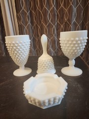Vintage 4 Piece Set of 4 Fenton Hobnail Milk Glass-Cups Ashtray Bell