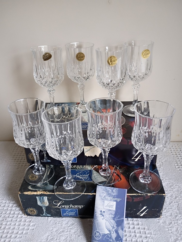 8 Longchamp Cristal d’Arques 5 3/4 oz verra vin Wine Glasses 24% Lead Crystal